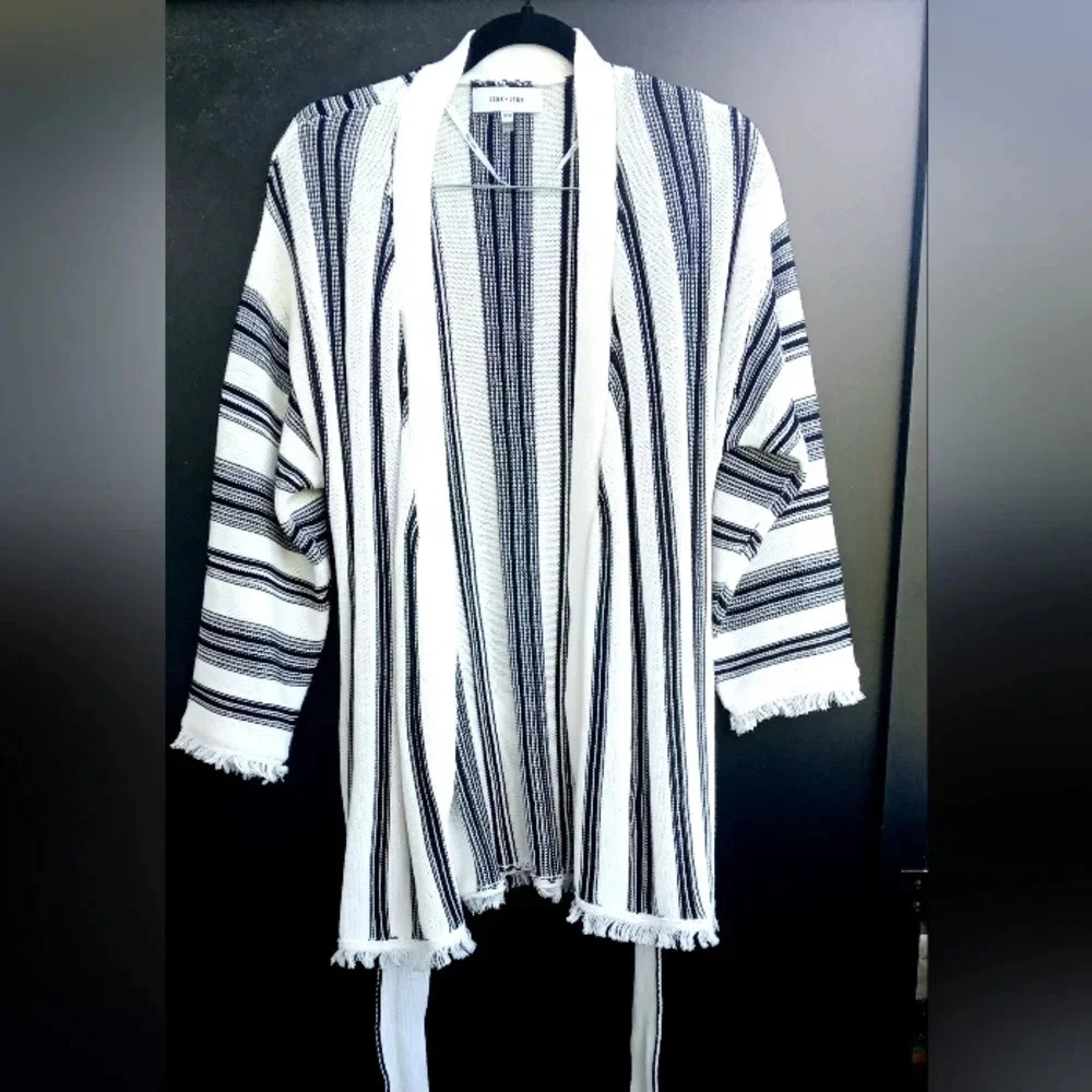 John+Jenn stipped black and white wrap  cotton knitted cardigan size M